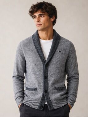 Y2K Abercrombie & Fitch Men Gray Button Down Knit Cardigan Sweater MEDIUM Preppy